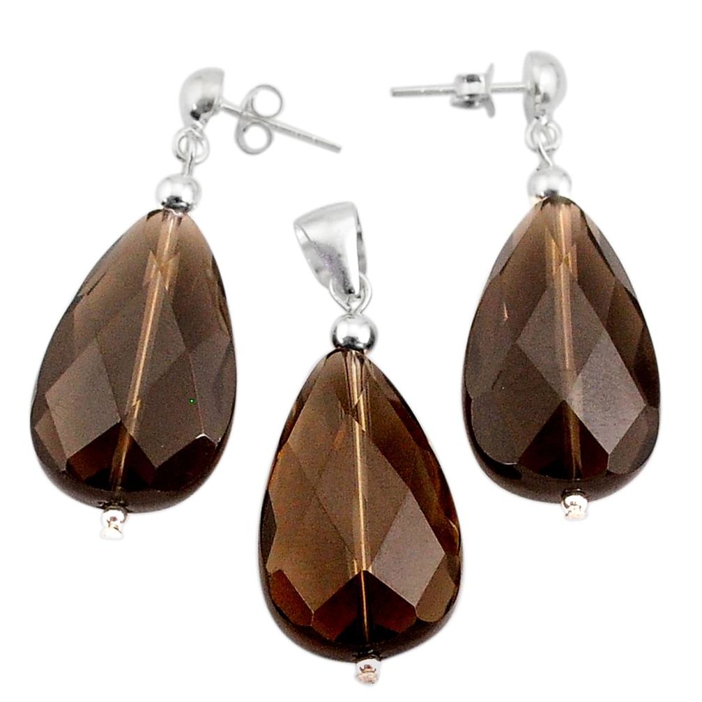 LAB 38.60cts brown smoky topaz 925 sterling silver pendant earrings set c27313