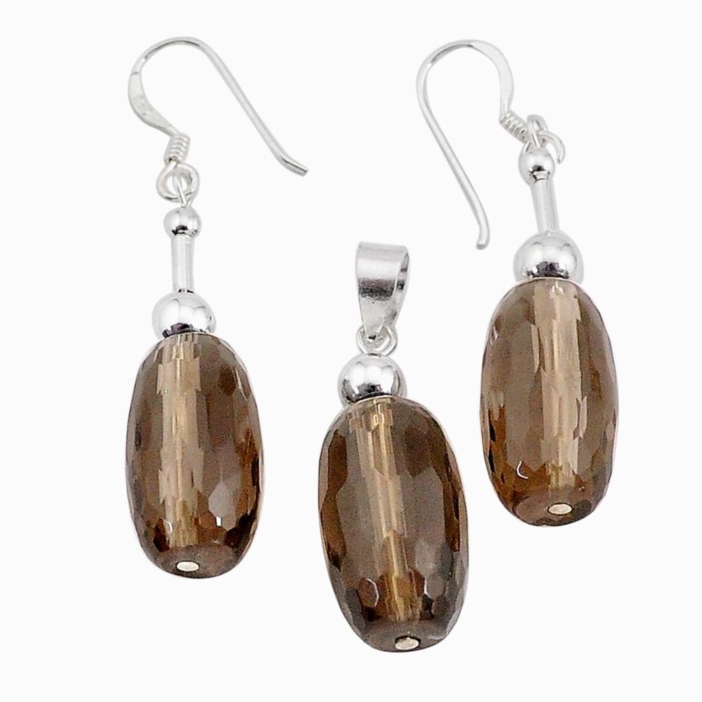LAB 39.41cts brown smoky topaz 925 sterling silver pendant earrings set c27501