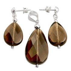 LAB 30.41cts brown smoky topaz 925 sterling silver pendant earrings set c27513