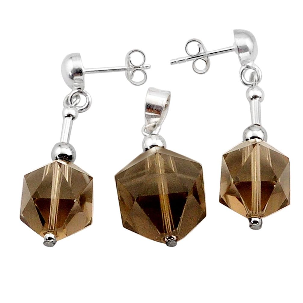 LAB 44.27cts brown smoky topaz 925 sterling silver pendant earrings set c27579