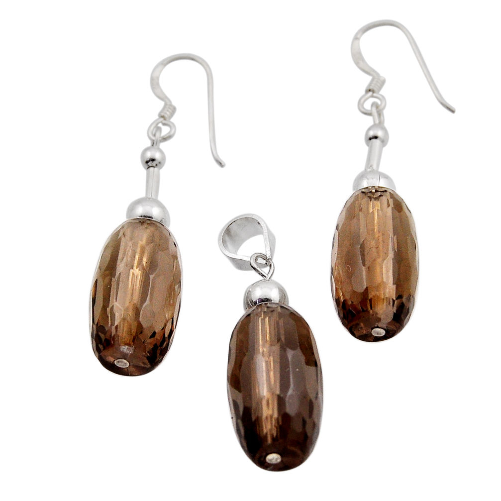 42.90cts brown smoky topaz beads 925 sterling silver pendant earrings set n20487