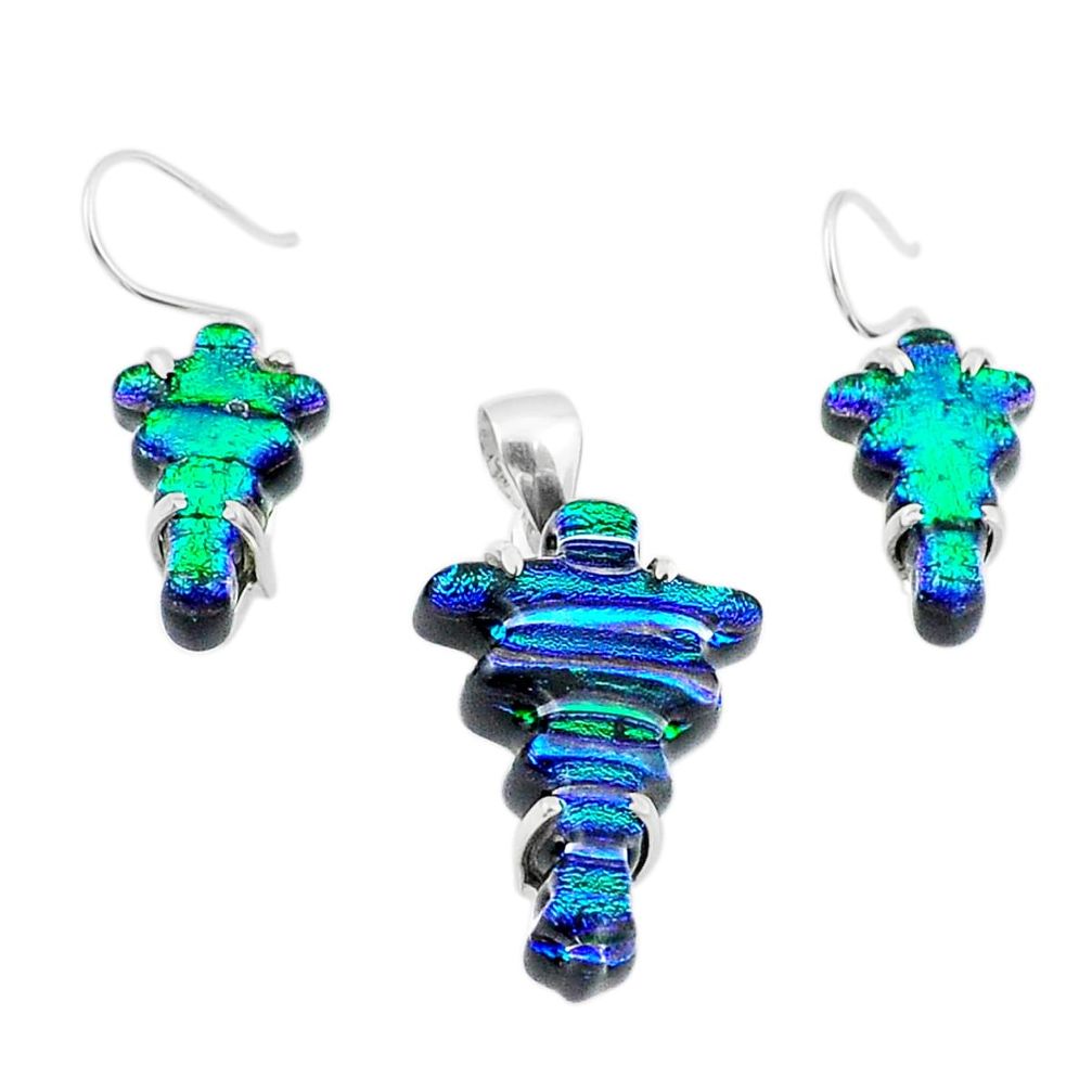 32.02cts carving dichroic glass cross 925 silver pendant earrings set u28737