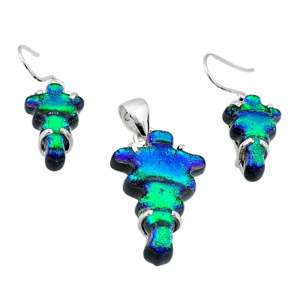 33.41cts carving dichroic glass cross 925 silver pendant earrings set u28740