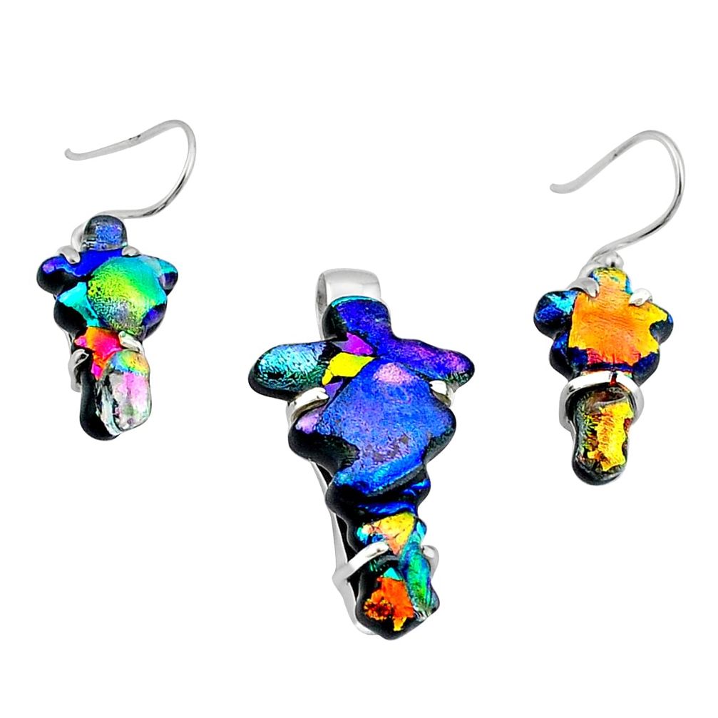 29.14cts carving dichroic glass cross 925 silver pendant earrings set u28752
