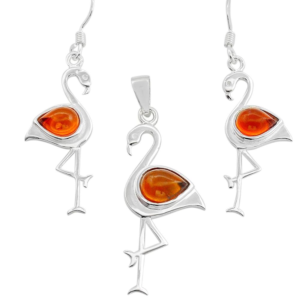 4.02cts flamingo natural baltic amber 925 silver pendant earrings set c28829