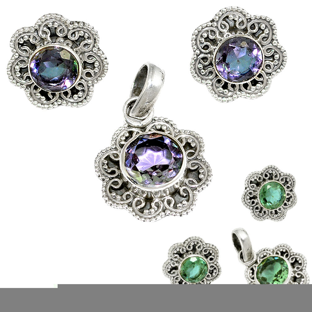 Green alexandrite (lab) 925 sterling silver pendant earrings set jewelry j1383