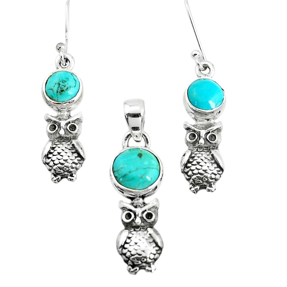 Green arizona mohave turquoise 925 silver owl pendant earrings set p38614