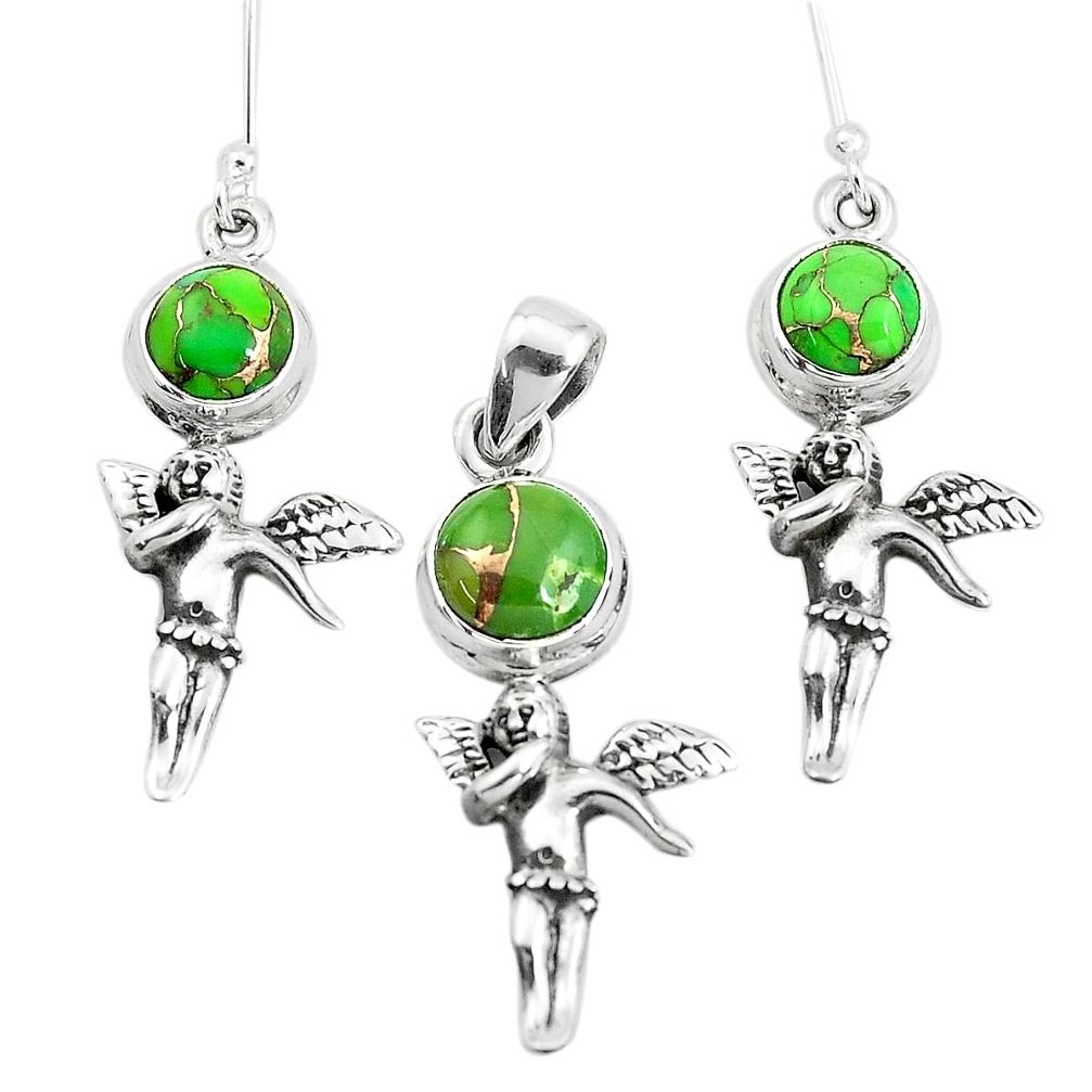 Green copper turquoise 925 silver cupid wing pendant earrings set p38565