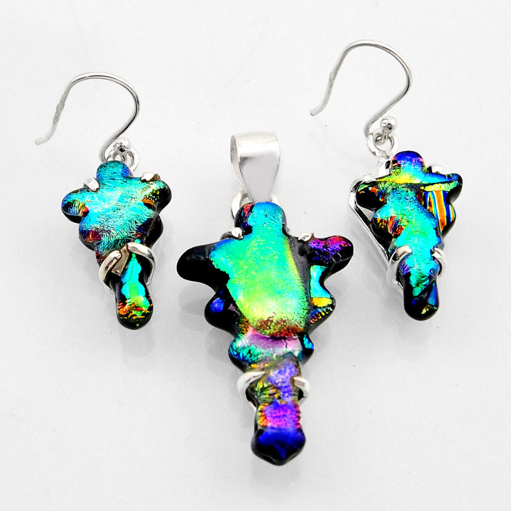 28.25cts multi color dichroic glass fancy 925 silver pendant earrings set y91927