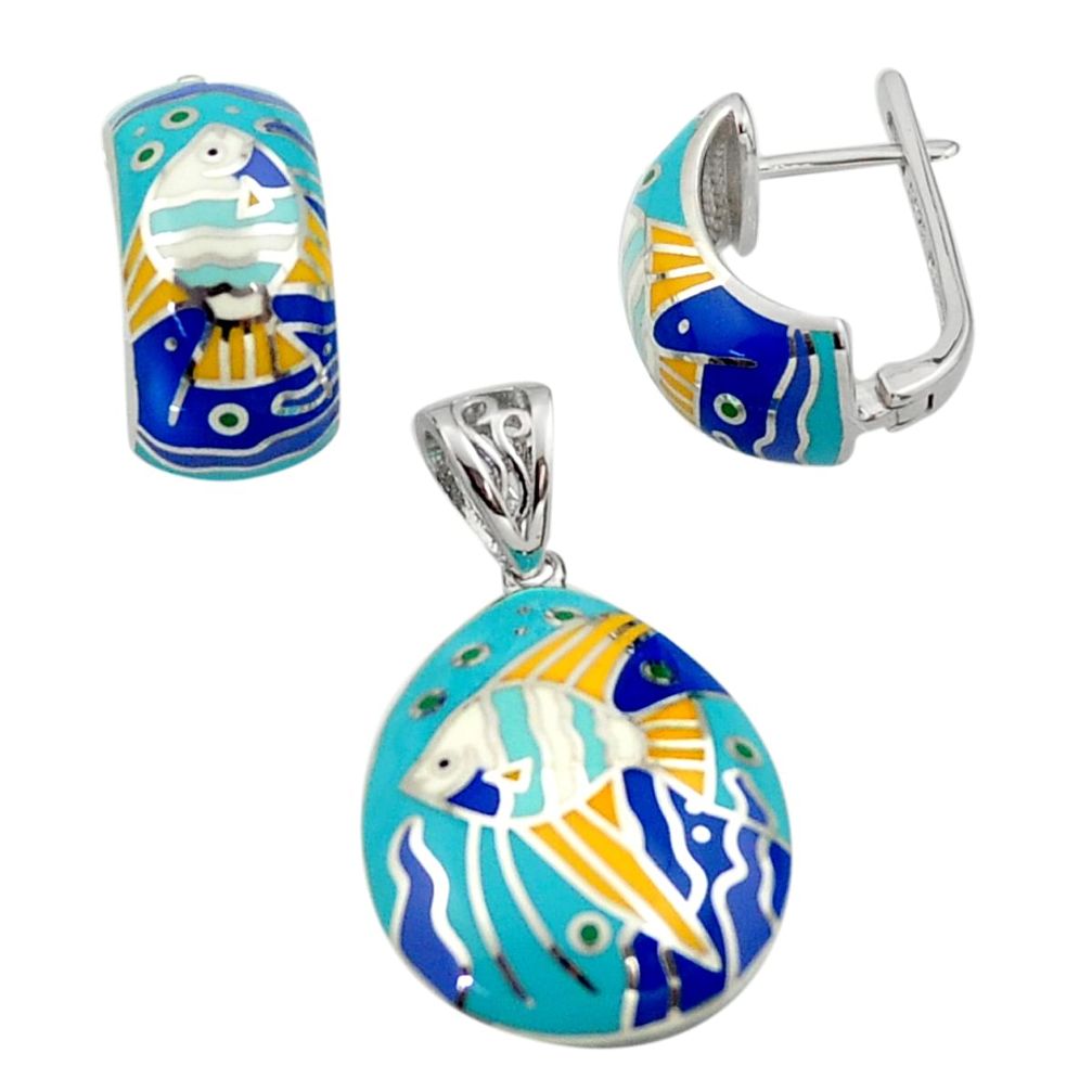 9.26gms multi color enamel 925 sterling silver pendant earrings set c26380