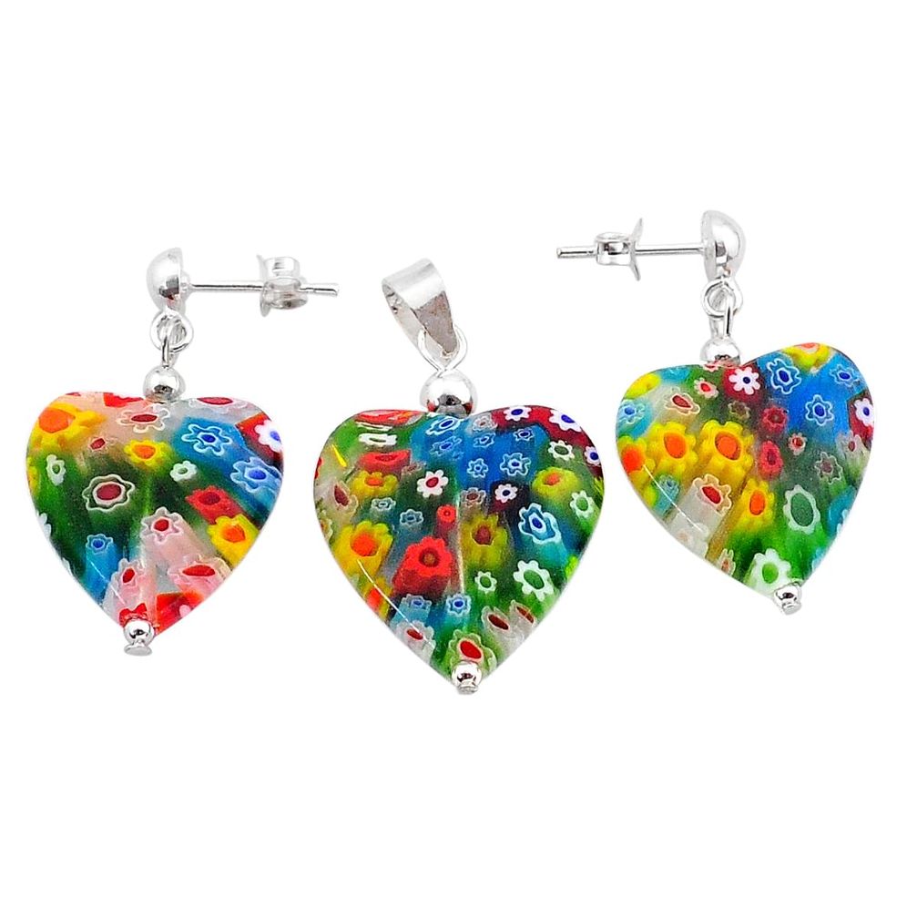 37.38cts multi color italian murano glass 925 silver pendant earrings set c27576