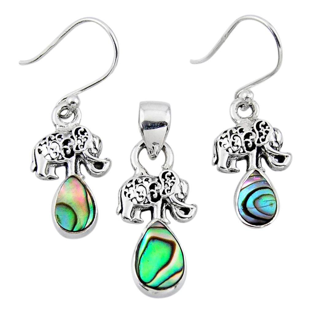 Natural abalone paua seashell 925 silver elephant pendant earrings set r55744