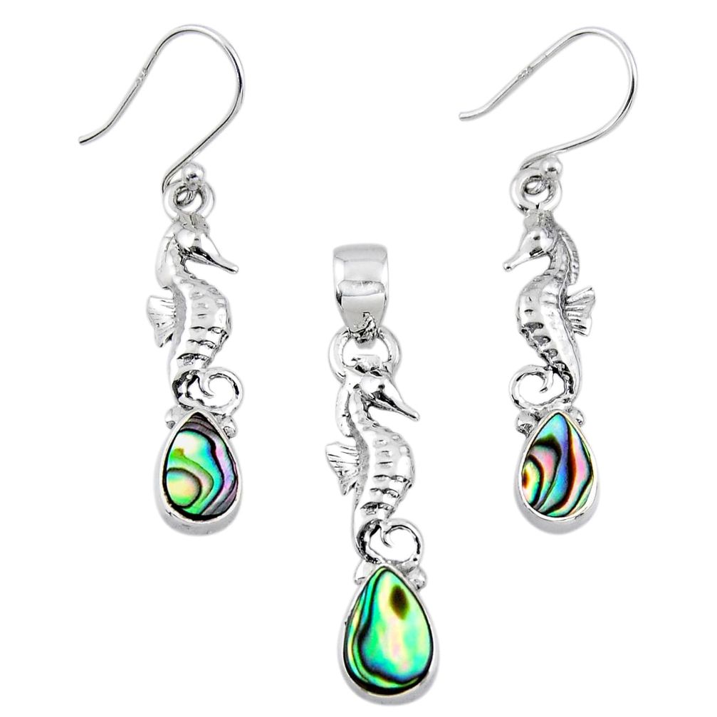 Natural abalone paua seashell silver seahorse pendant earrings set r55726