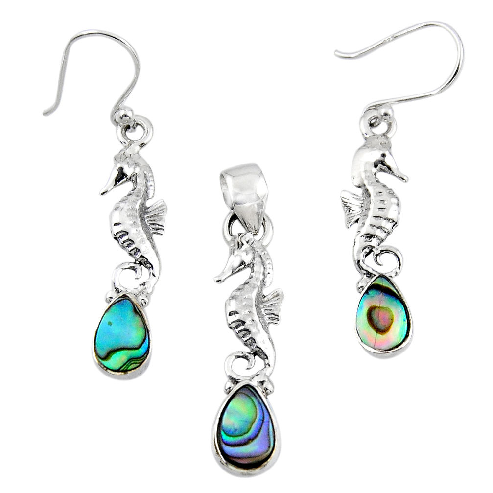 Natural abalone paua seashell silver seahorse pendant earrings set r55746