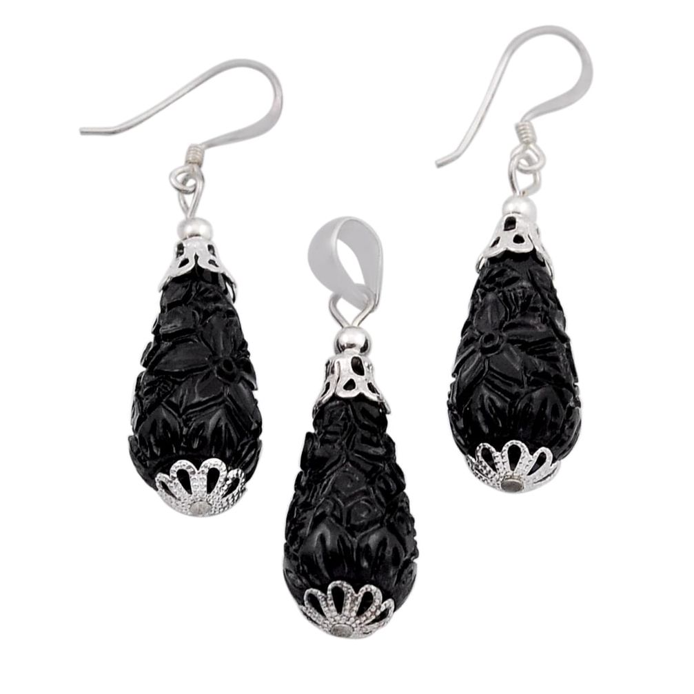 23.79cts natural black onyx beads sterling silver pendant earrings set n20456