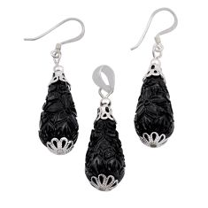 23.79cts natural black onyx beads sterling silver pendant earrings set n20456