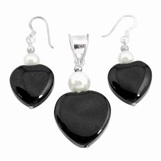 49.10cts natural black onyx pearl 925 silver pendant earrings set c27542