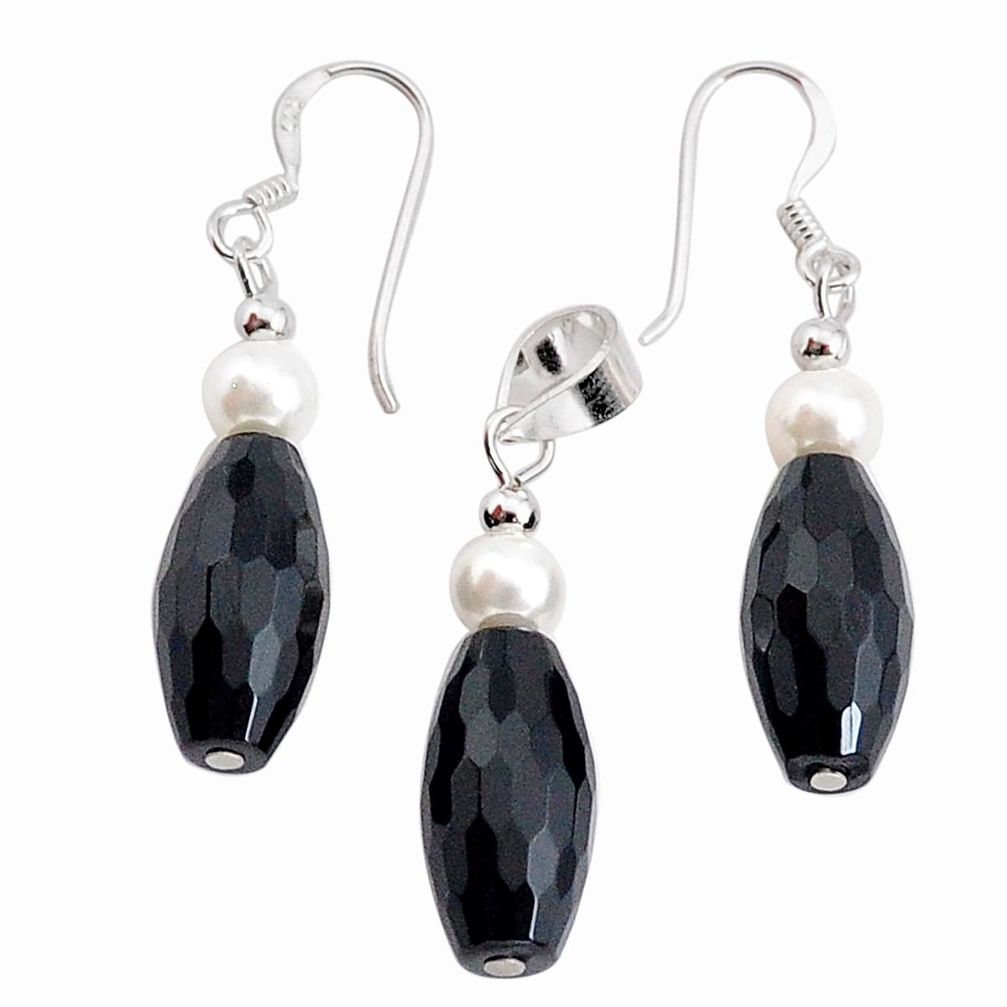 19.26cts natural black onyx pearl 925 silver pendant earrings set c27704