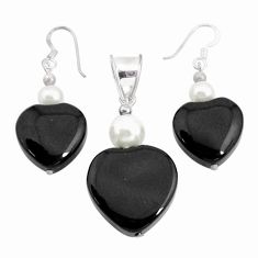49.88cts natural black onyx pearl 925 silver pendant earrings set c27801