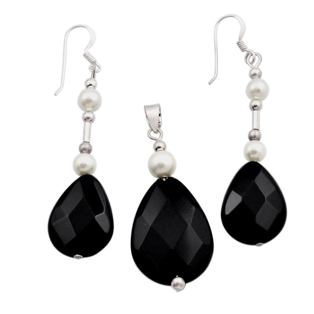 44.38cts natural black onyx pearl beads 925 silver pendant earrings set n20457