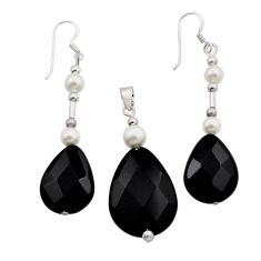 44.38cts natural black onyx pearl beads 925 silver pendant earrings set n20457