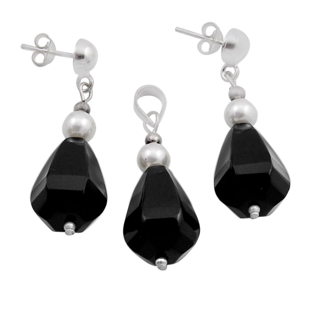 47.96cts natural black onyx pearl beads 925 silver pendant earrings set n20459