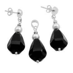 47.96cts natural black onyx pearl beads 925 silver pendant earrings set n20459