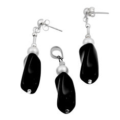 38.23cts natural black onyx pearl beads 925 silver pendant earrings set n20474