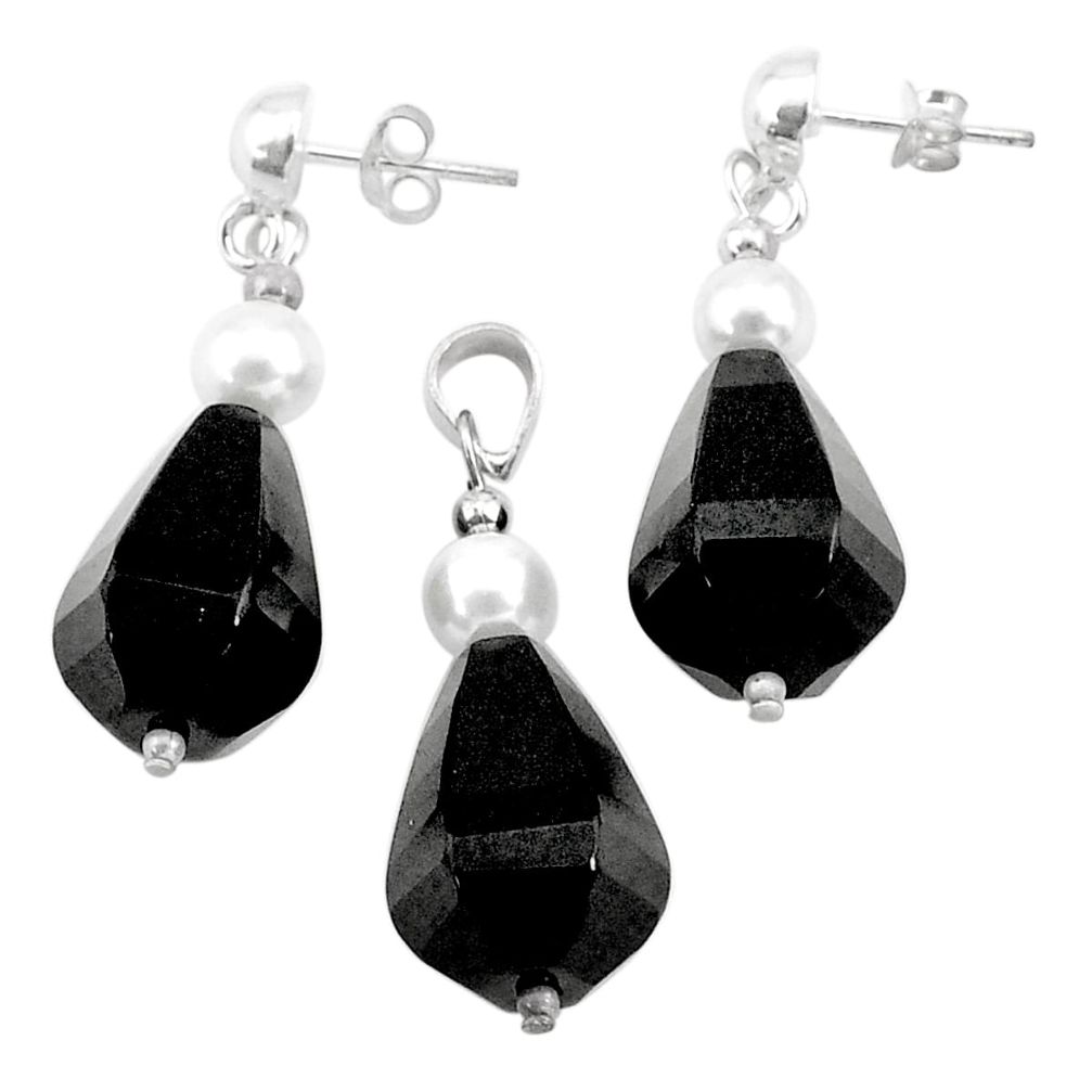 39.23cts natural black onyx white pearl 925 silver pendant earrings set c26931