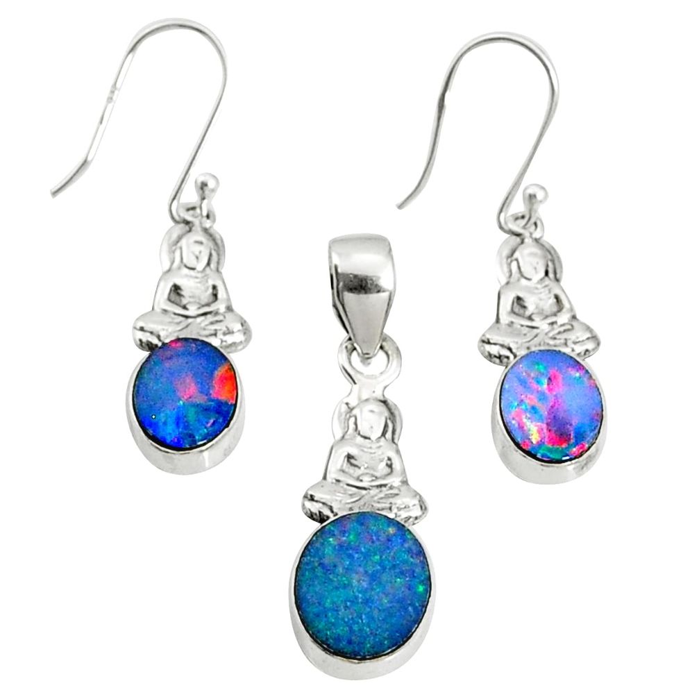 6.04cts natural blue doublet opal australian silver pendant earrings set r69942