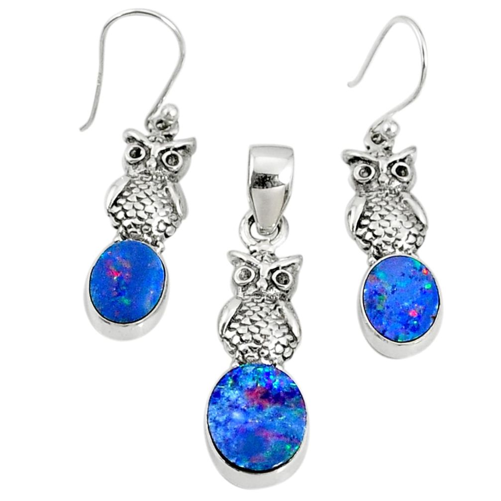 6.18cts natural blue doublet opal australian silver pendant earrings set r69946