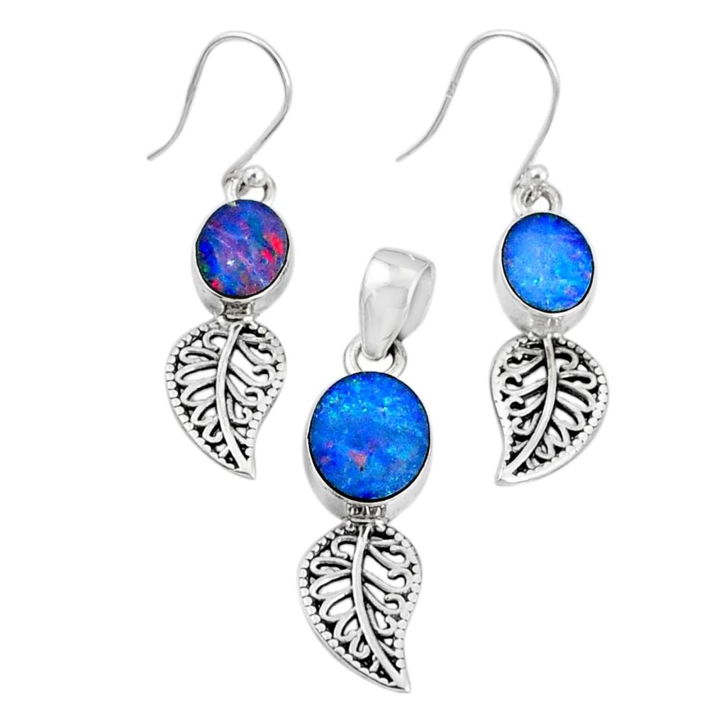 6.32cts natural blue doublet opal australian silver pendant earrings set r69951