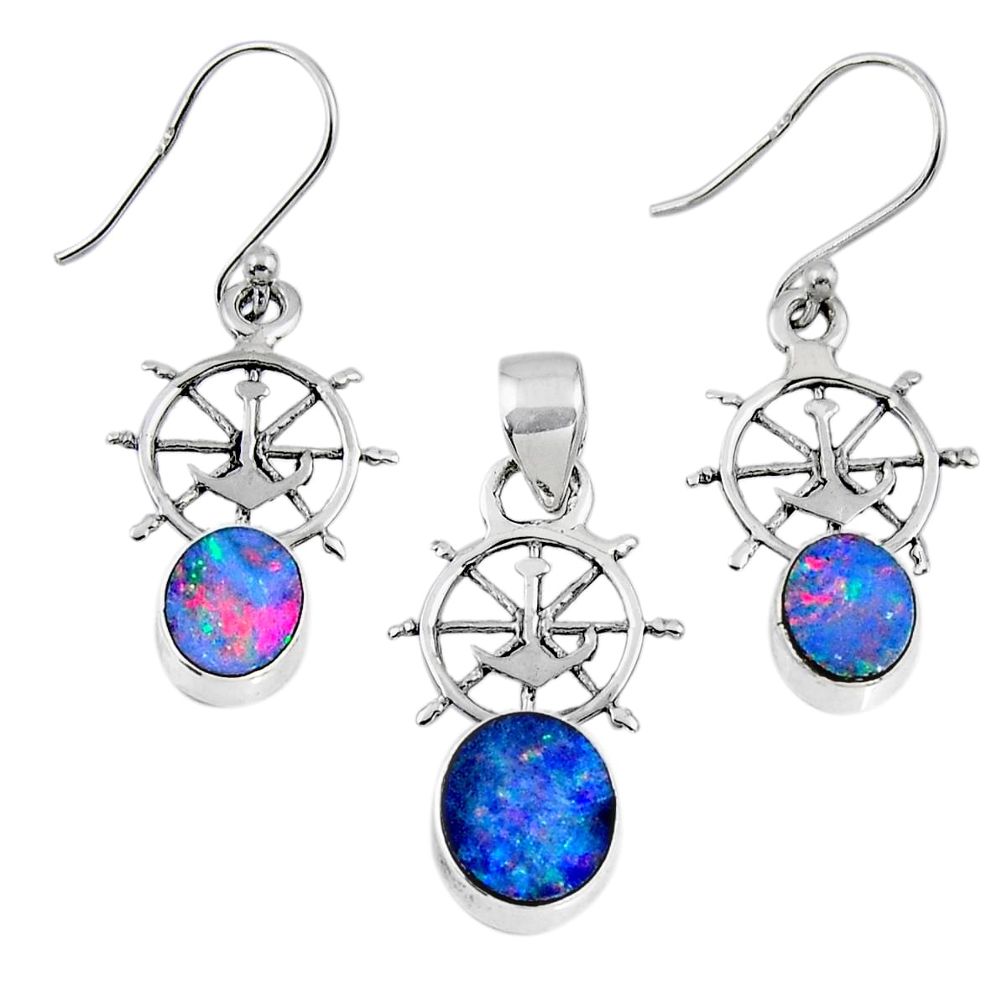 5.52cts natural blue doublet opal australian silver pendant earrings set r69952