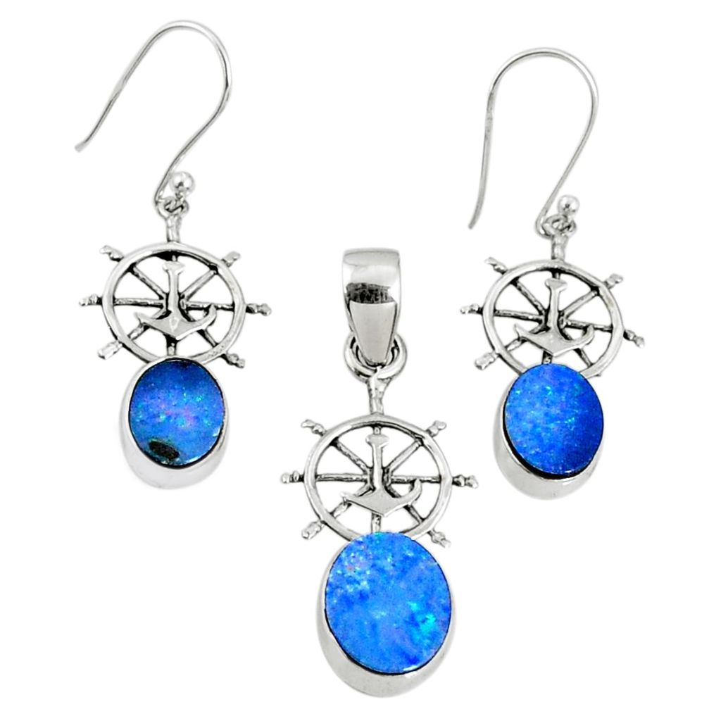 5.53cts natural blue doublet opal australian silver pendant earrings set r69954