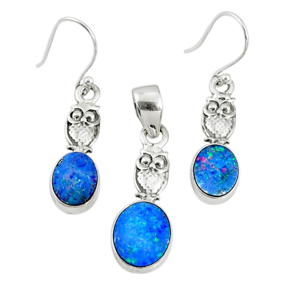 5.53cts natural blue doublet opal australian silver pendant earrings set r69962