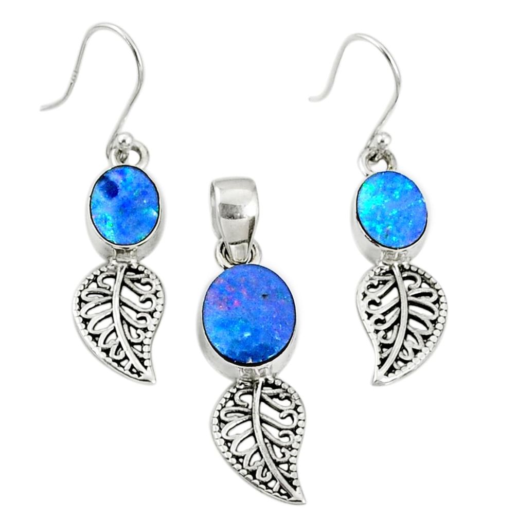 6.33cts natural blue doublet opal australian silver pendant earrings set r69973