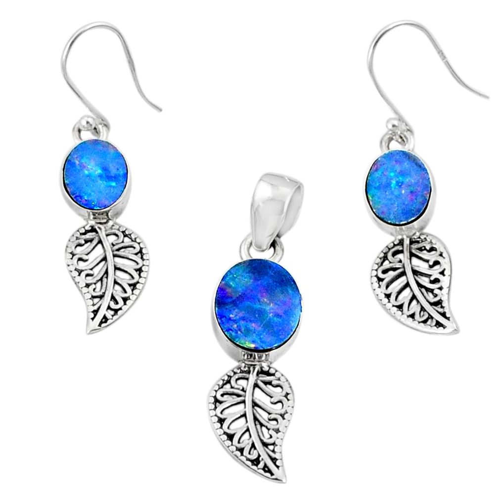 6.33cts natural blue doublet opal australian silver pendant earrings set r69974