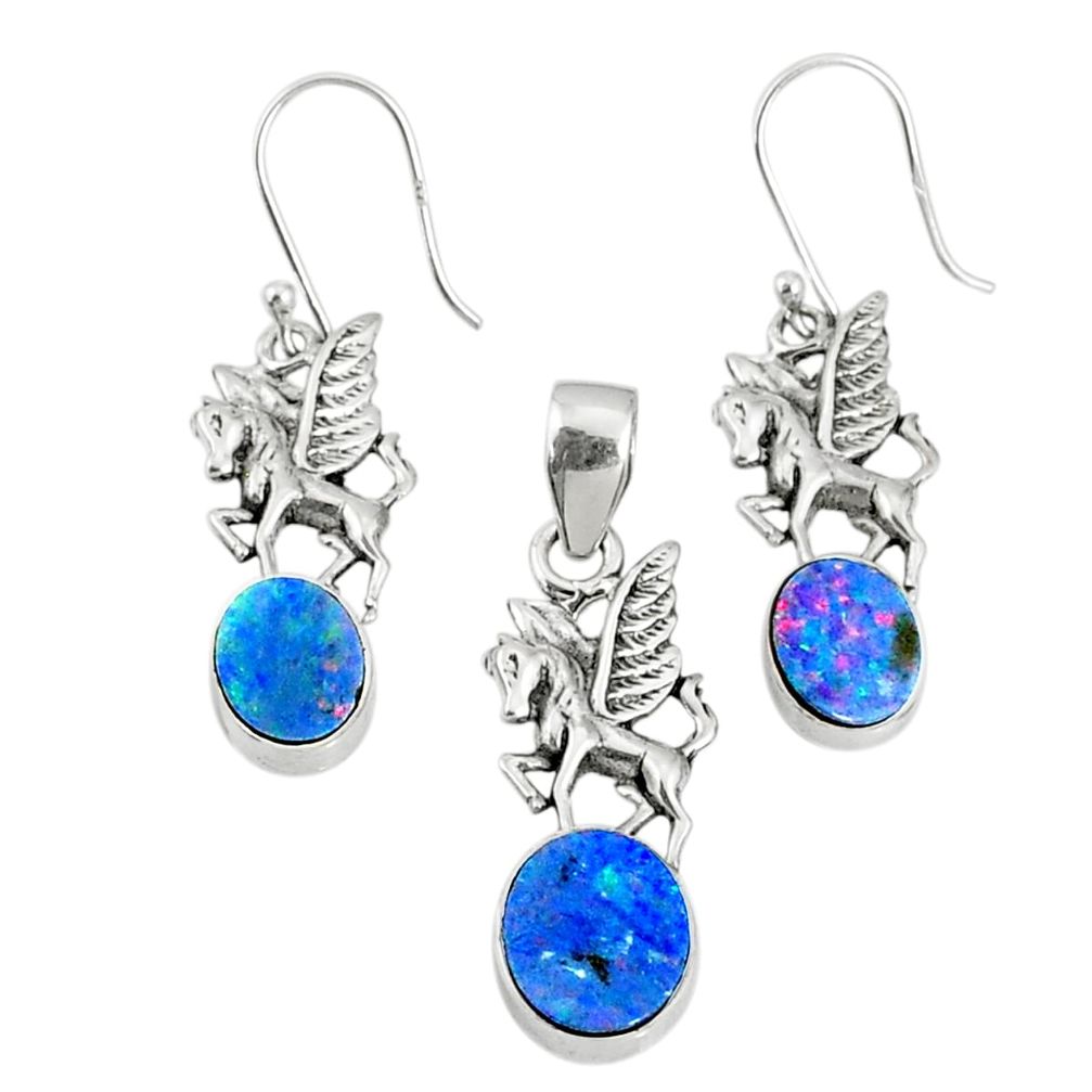 7.61cts natural blue doublet opal australian silver pendant earrings set r69976