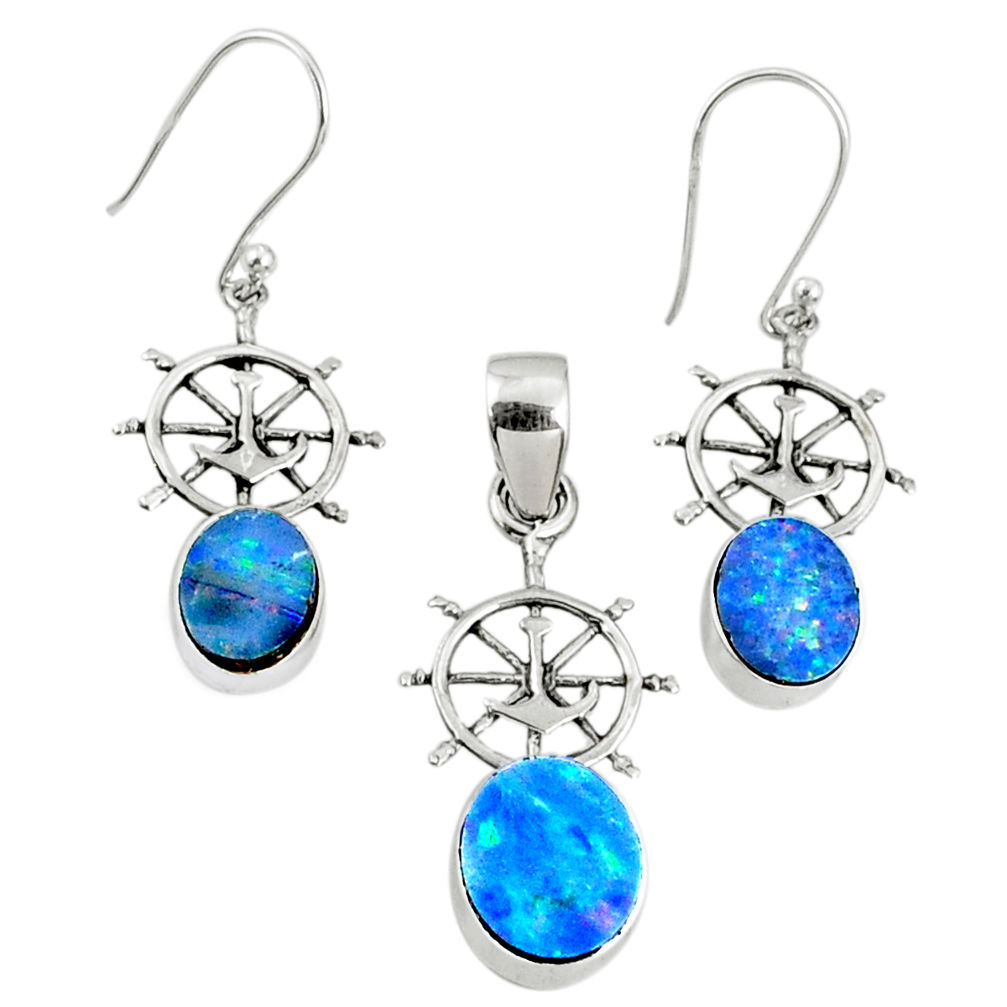 5.52cts natural blue doublet opal australian silver pendant earrings set r69979