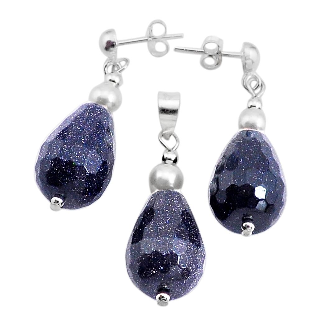 37.41cts natural blue goldstone 925 sterling silver pendant earrings set c27649