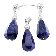 42.84cts natural blue goldstone pearl 925 silver pendant earrings set c27614