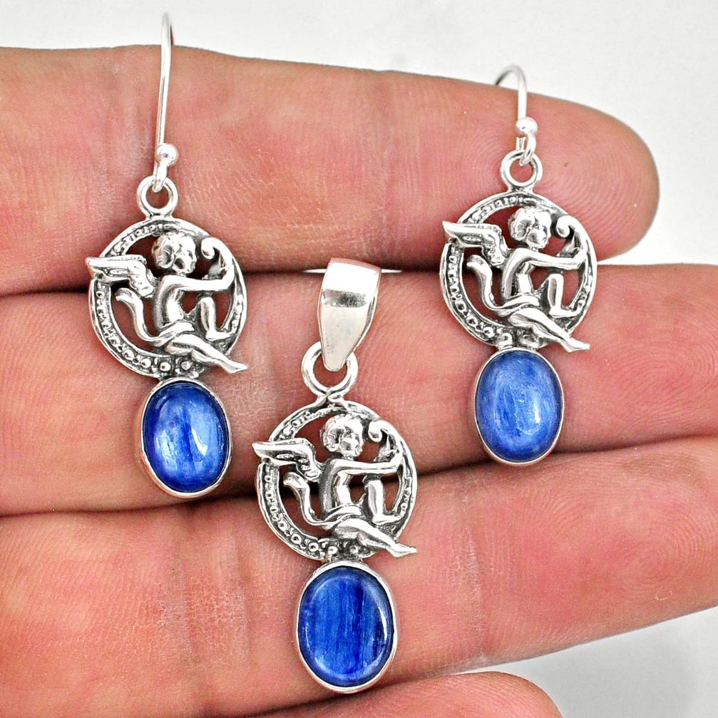 10.18cts natural blue kyanite 925 silver angel pendant earrings set r70047