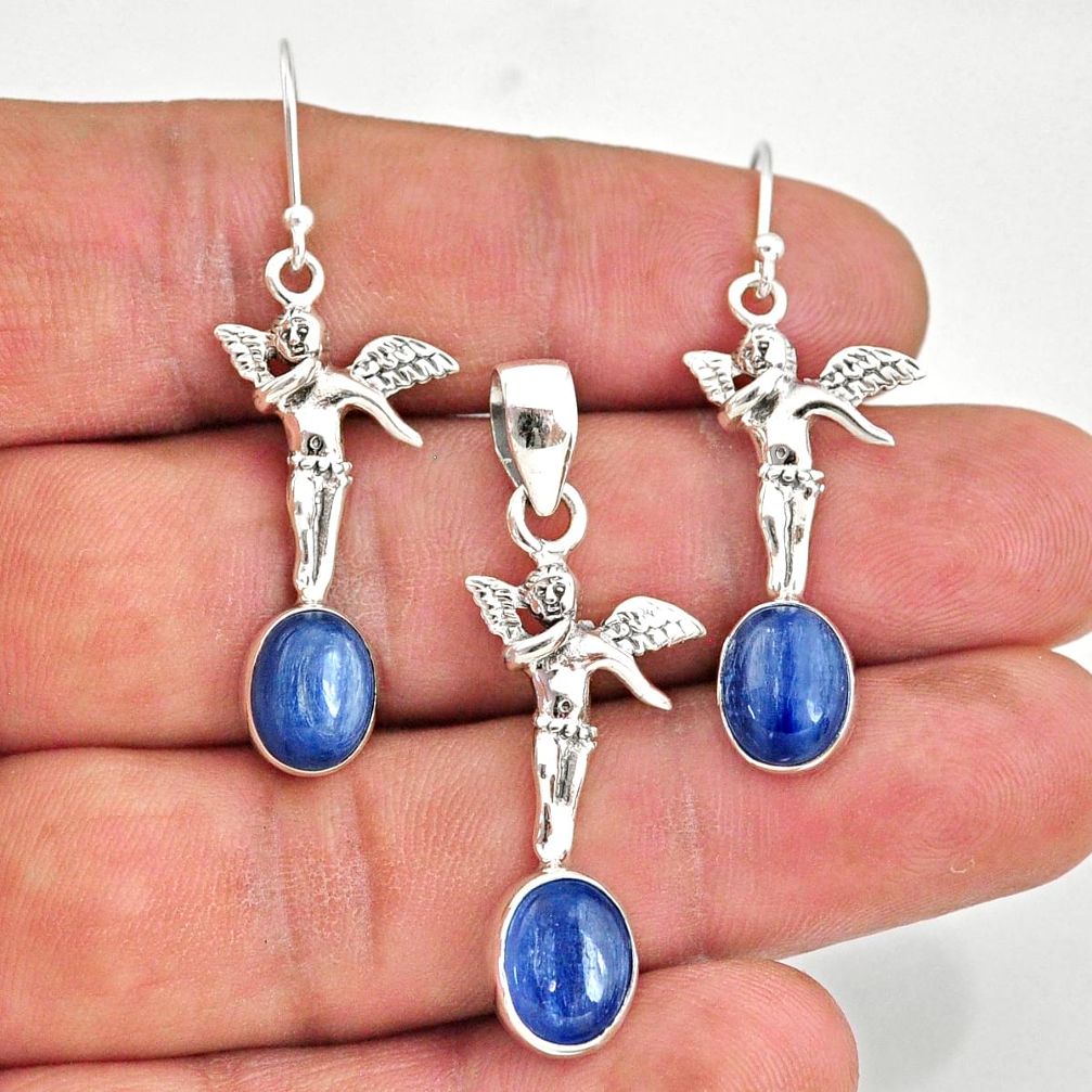 8.23cts natural blue kyanite 925 silver angel pendant earrings set r70052