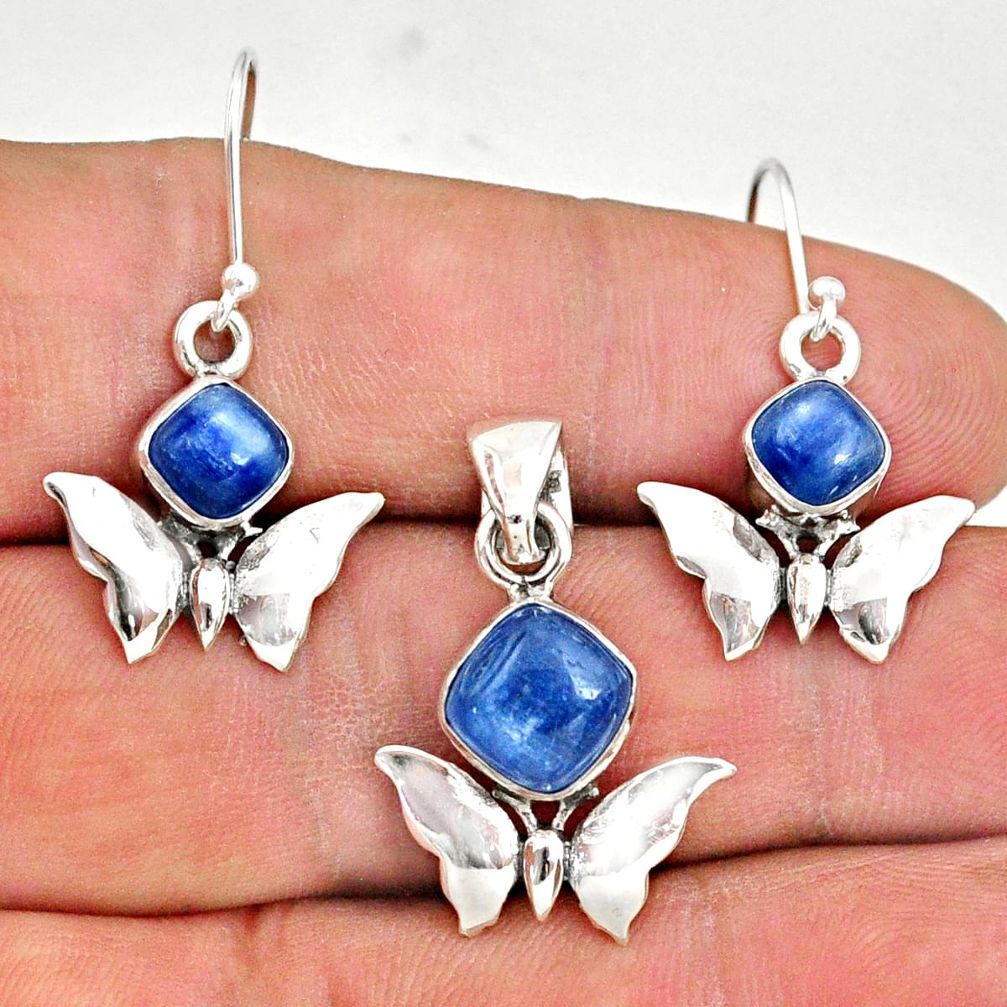 7.13cts natural blue kyanite 925 silver butterfly pendant earrings set r70050