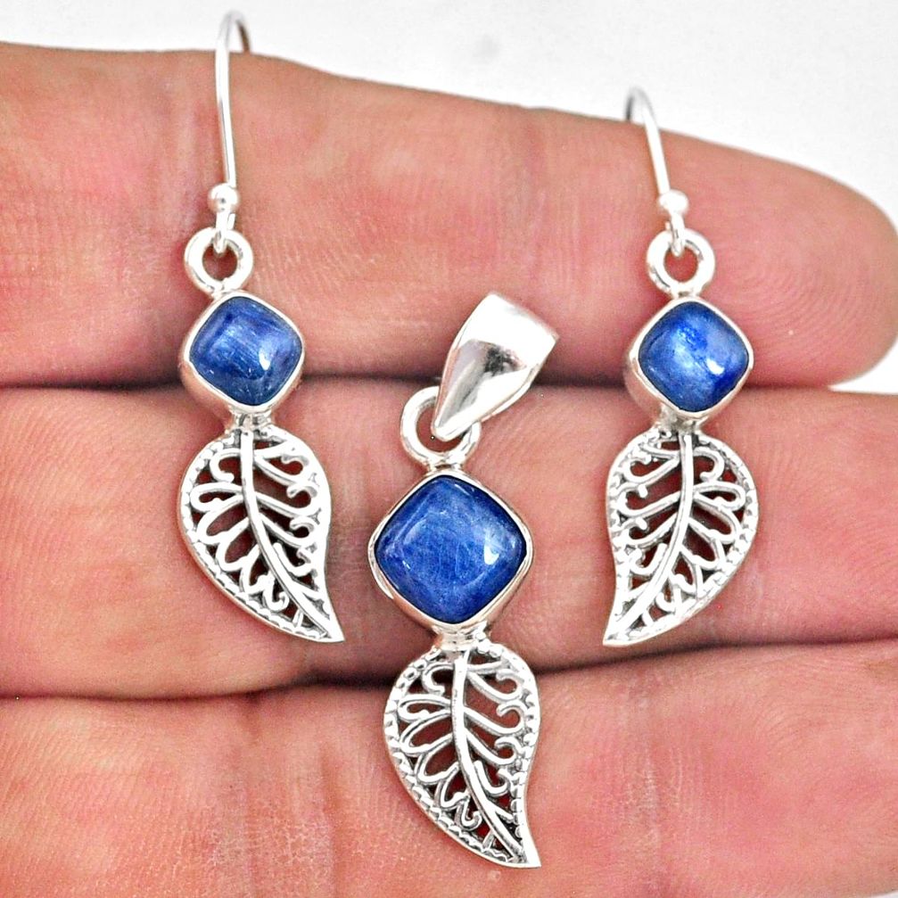 6.57cts natural blue kyanite 925 silver leaf charm pendant earrings set r70055