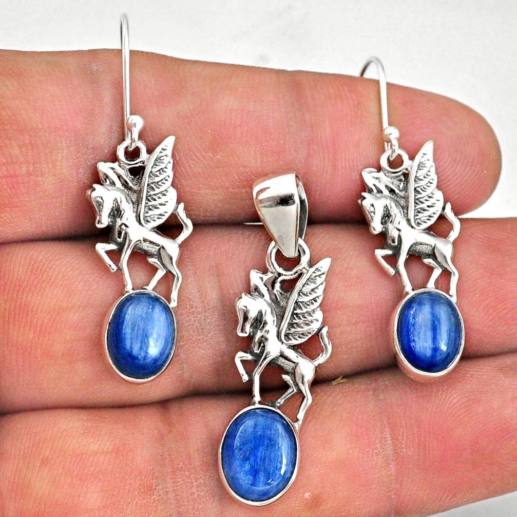 10.22cts natural blue kyanite 925 silver unicorn pendant earrings set r70045