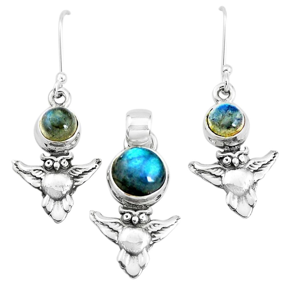 6.53cts natural blue labradorite 925 silver owl pendant earrings set p38607