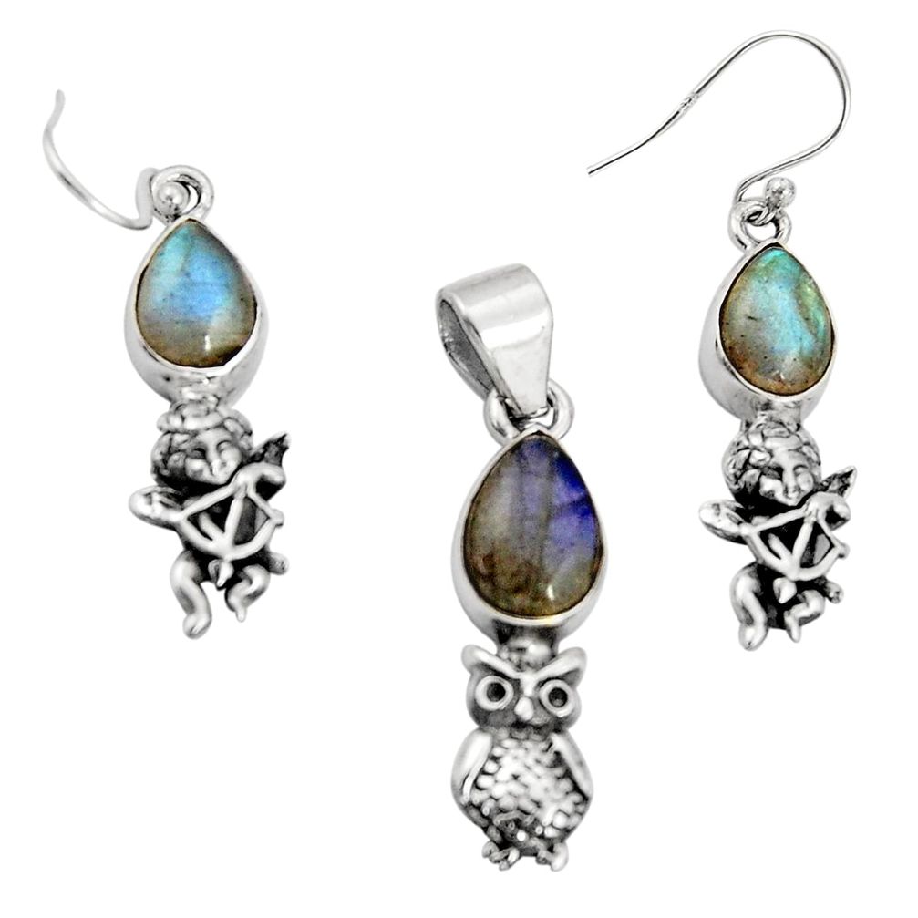 10.84cts natural blue labradorite 925 silver owl pendant earrings set r20961