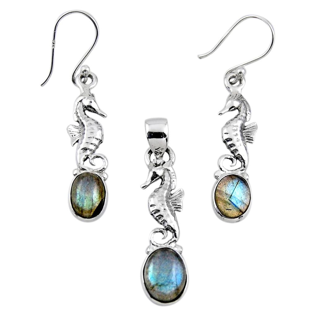 7.10cts natural blue labradorite silver seahorse pendant earrings set r55753