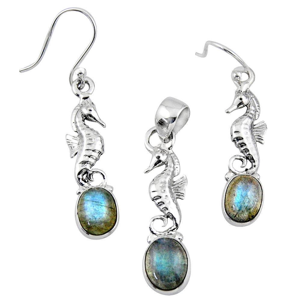 7.10cts natural blue labradorite silver seahorse pendant earrings set r55755